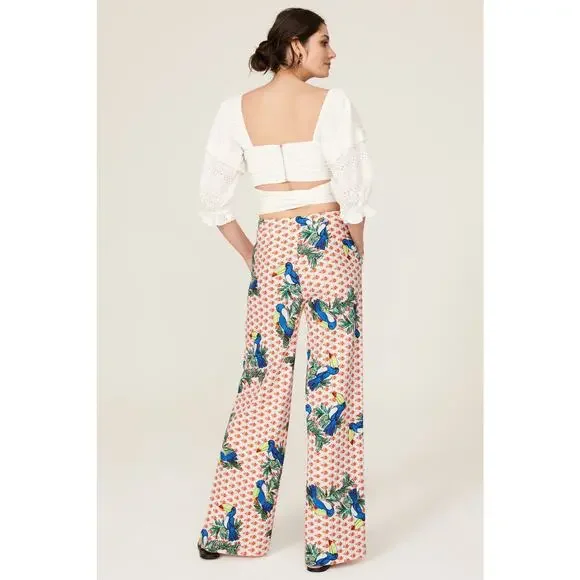 Badgley Mischka Sz 0 Parrot Orange Blue Print Wide Leg Tropical Resort Pants - Picture 2 of 5